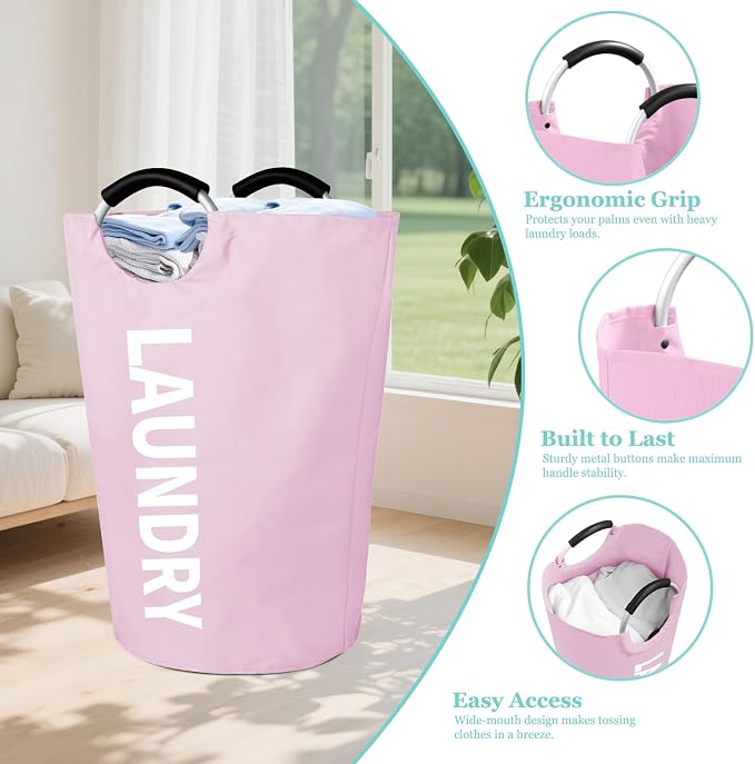 WOOHA 125L Large laundry basket,Collapsible laundry hamper, Tall Clothes Baskets Folding Washing Bin Foldable Fabric Hamper Bags for Bedroom, Closet,Bathroom,College,laundry bag,pink - Image 5