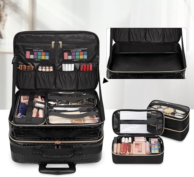 OCHEAL 18 Inch Rolling Makeup Train Case, Extra Large Travel Cosmetic Organizer Storage Trolley with Wheels, 3 Layers & 3 Travel Makeup Bags Carry On for Hairstylist Cosmetology Artist - Image 5