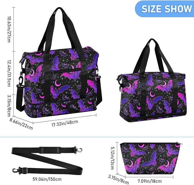 Travel Duffel Tote Bag Purple Bat Gothic Sports Duffel Bag with Wet Pocket Weekender Overnight Bag for Women Men Gym Bag, Carry On Bag Hospital Bag for Labor and Delivery - Image 2