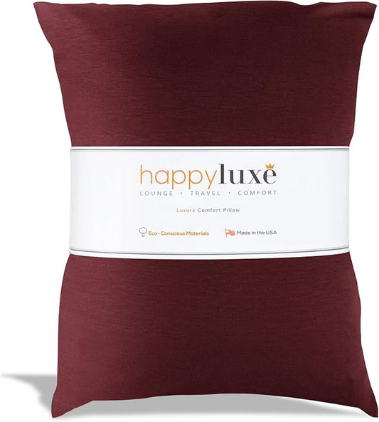 Happyluxe Travel Pillow for Long Flights - Soft, Small, Alternative to Down and Memory Foam. 17 x 13in - Made in The USA, Cabernet Red Airplane Pillow for Adults Sleeping, Camping or Nap by Happyluxe