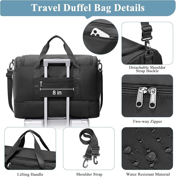 Large Travel Duffle Bag,Carry on Overnight Weekend Bag with Shoes Compartment,Weekender Bags for Women for Travel Business Trips Sport Hospital,3 Pcs Set,Black - Image 6