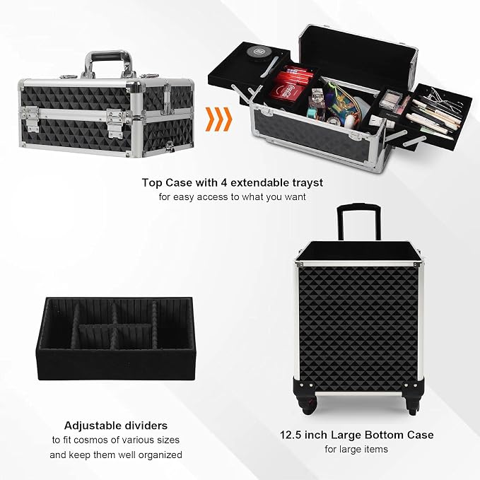 4 in 1 Professional Makeup Train Cases Large Storage Cosmetic Case 4 Wheels Lockable Rolling Makeup Trolley Diamond Surface (BLACK) - Image 9