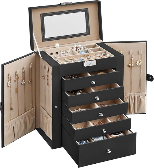 SONGMICS Jewelry Box Organizer, 6-Layer with 5 Drawers, Black | Jewelry Storage Case with Lock and Mirror, Large Storage Capacity, for Necklaces, Watches, Gift for Loved Ones UJBC152B01 by Unknown