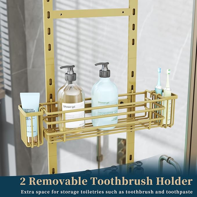 Consumest Over The Door Shower Caddy - 5 Tier Adjustable Shower Organizer Hanging with 2 Toothbrush Holders & 4 Hooks, Rustproof Organizer Shelf, Storage Rack for Bathroom, Gold - Image 3
