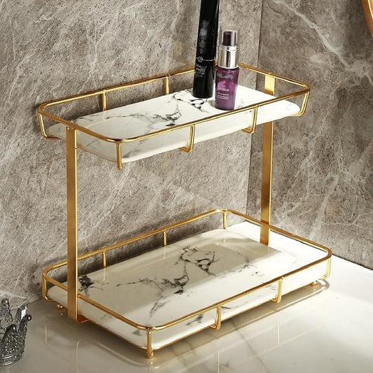 Bathroom Organizer Countertop Perfume Organizer Makeup Organizer Cosmetics Storage Display Rack Vanity Tray Dresser Stainless Steel Gold Shelf White Marble Ceramic Tray by Dobbyby
