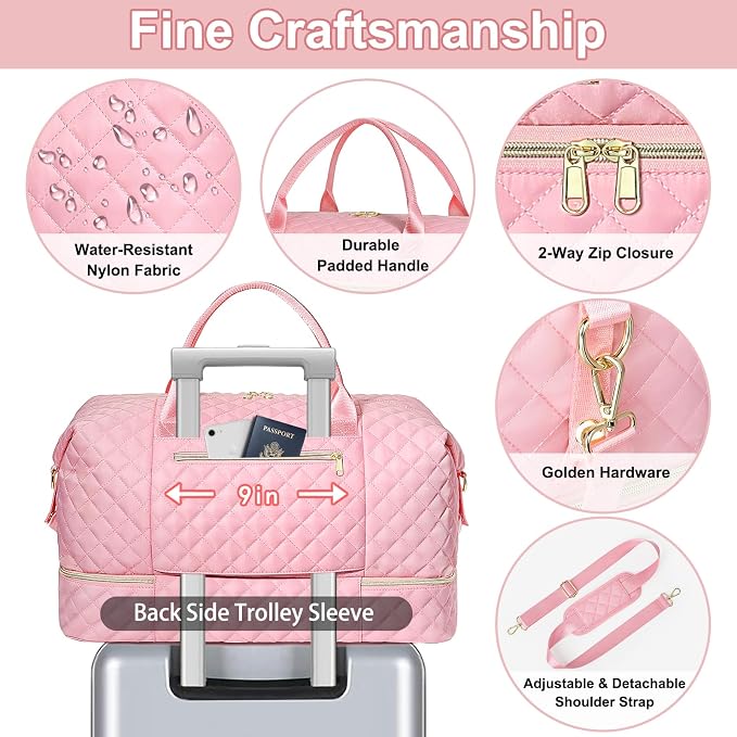 Graduation Birthday Gift for Her, Personalized Initial Weekender Bag for Women 45L Travel Duffle Carry On Quilted, 3PCS Overnight with Cosmetic & Toiletry Bag, Shoe Compartment, Gym Dance Bag for Girl - Image 4