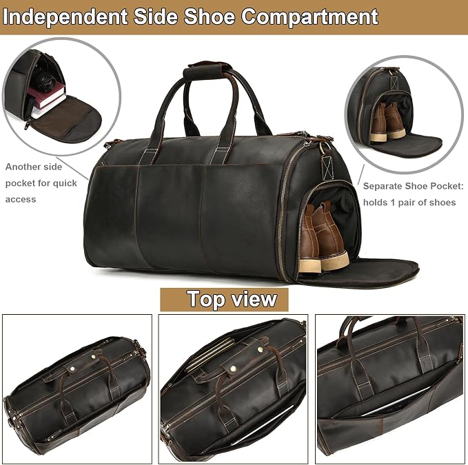 Full Grain Genuine Leather 2 in 1 Garment Dufflel Bag for Men Foldable Suit Carrier with Independent Shoe Compartment, Large Capacity Weekender Travel Bag for Business Trips, Dark Brown - Image 4