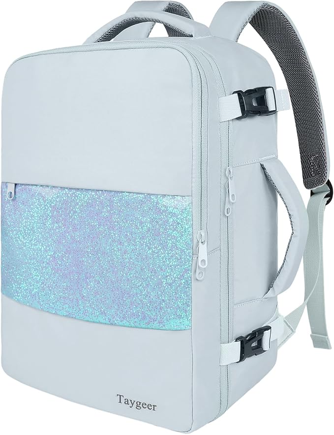 Taygeer 35L Carry On Backpack for Women, Personal Item Travel Backpack | 15.6"Laptop Travel Backpack with Water Bottle Pocket & Shoe Compartment for Women, Hiking Bag, weekender bag, Blue Glitter by Taygeer