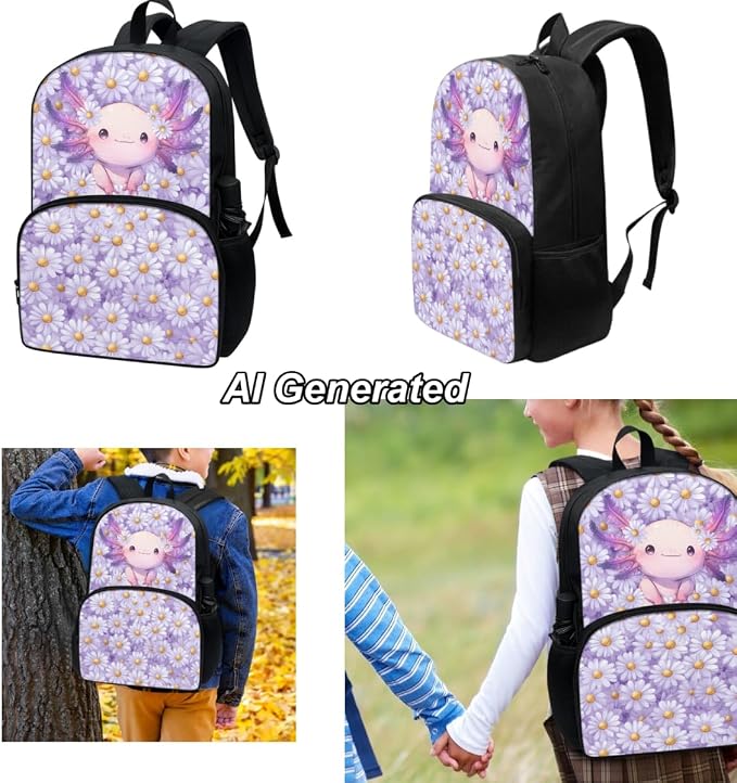 Axolotl Kid Backpack for Girls 8-10 Elementary School 3 Pcs School Bag Set with Lunch Box and Pencil Box Cute Bookbag for Travel Sports - Image 3
