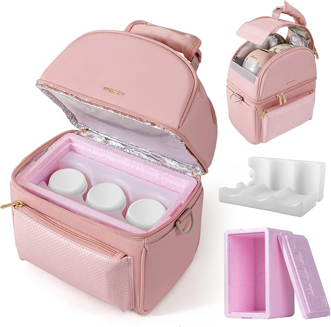 SUNVENO Breast Milk Cooler Bag with Detachable Insulation Box, Double-Layer Pumping Travel Bag for Work & Daycare, Fits Bottles, Ice Packs and Pump Parts,Pink by SUNVENO