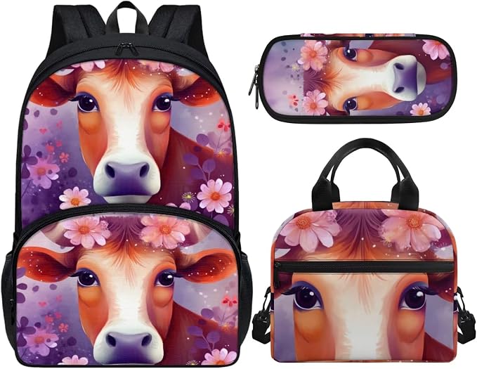 Purple Floral Cow Backpack with Lunch Box and Pencil Case Girls Comfy Padded Cute School Backpack Set of 3 Bookbag for Student Lightweight Large Capacity Daypack - Image 2