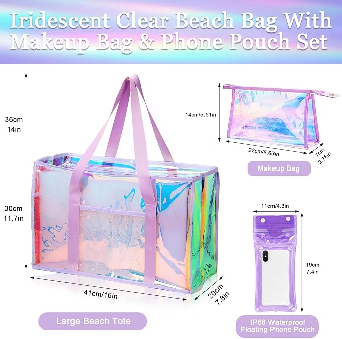 Iridescent Waterproof Beach Tote Bag for Women Large Jelly Tote Bag for Summer Travel Vacation Swim Pool - Image 6