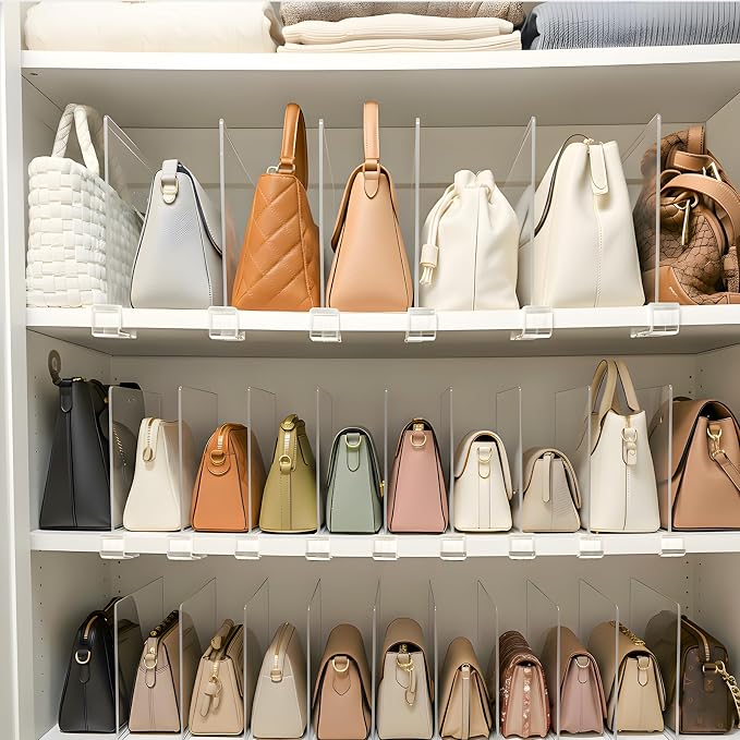 Purse Organizer for Closet Shelf Dividers: 16-Pack Adjustable Clear Acrylic Bag Storage Organizer for Handbags, Sweaters, Towels, Jeans and Shoes on Wood Shelves - Image 6