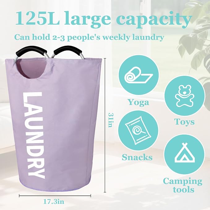 WOOHA 125L Large laundry basket,Collapsible laundry hamper, Tall Clothes Baskets Folding Washing Bin Foldable Fabric Hamper Bags for Bedroom, Closet,Bathroom,College,purple - Image 2
