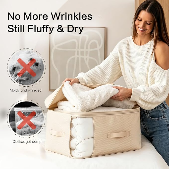 Comforter Storage Bag, Large Capacity Blanket Storage Bags 3-Layer Ultra Space Saving Self Compression Organizer, Heavy Duty Space Saver Organizer for Bedding, Clothes, Blanket, 2-Pack, Beige - Image 4