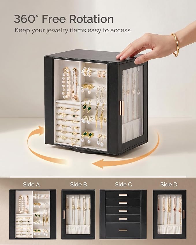 CASEGRACE 360° Rotating Jewelry Box Organizer, Jewelry Storage with 5 Drawers, Clear Window, Jewelry Display Case for Bracelets, Necklaces, Earrings, Rings, Black - Image 2