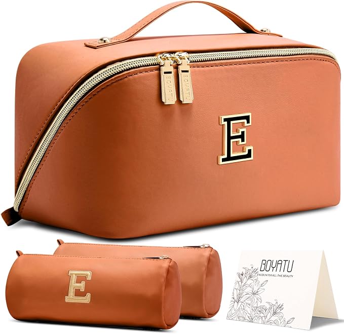 BOYATU Makeup Bag Gift for Women: 3-in-1 Travel Personalized Cosmetic Bag | Initial Make up Bag - Monogram A-Z - Vegan Leather Flat Open Toiletry Organizer - Ideal Gift Set for Birthday Graduation by BOYATU