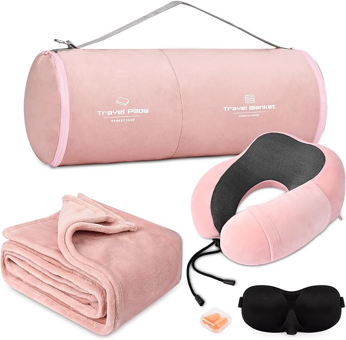 urnexttour Travel Pillow and Blanket Set Neck Pillows Travel Essentials with Sleep Mask for Airplane Car Memory Foam Pink by Urnexttour