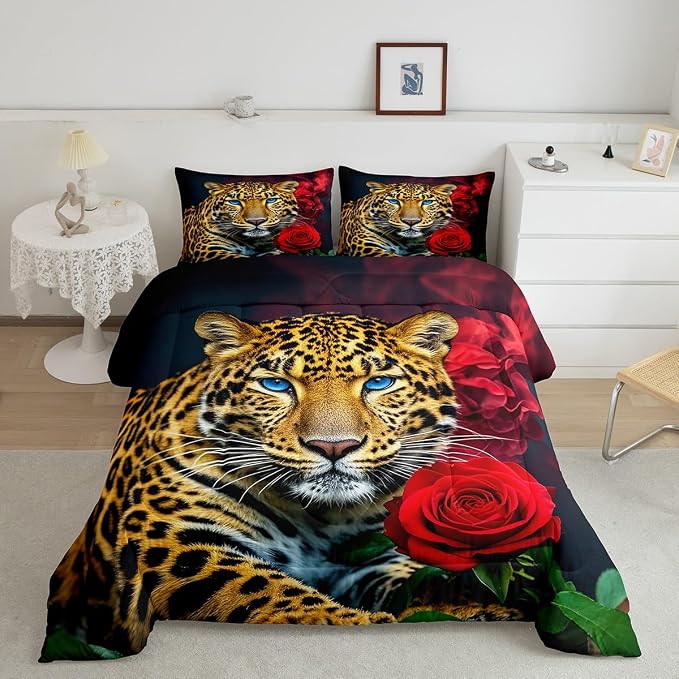 Erosebridal Leopard Bedding Set, Red Rose Cheetah Comforter Set Full Size for Kids Teens Adult Women Bedroom, African Safari Animal Duvet Sets Romantic Flower Down Comforter, Brown - Image 3