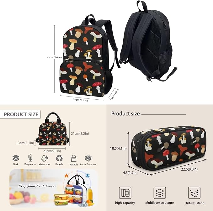 Black Lovely Mushroom Backpack Set for Girls Kids Lightweight Cute School Backpack with Lunch Box Pencil Case Adjustable Strap Padded Book Bag Insulated Lunch Bag - Image 4