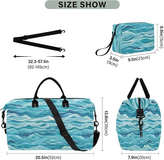 Weekender Bags Travel Duffel Gym Bag Carry on Overnight Tote Bag with Toiletry Bag for Airplane Travel Trip Gym Yoga (Sea Waves) - Image 3