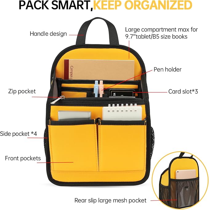 Mini Premium Rugged Backpack Purse Organizer Insert for Women Fashion Small Backpack-19 Pockets,Padded Water-repellent Nylon-Yellow - Image 3