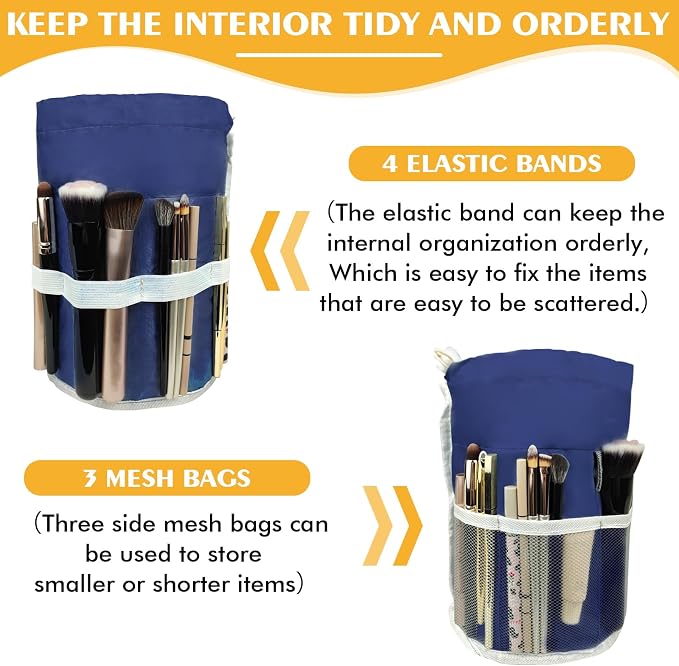 INVODA Drawstring Makeup Bag for Women Cosmetic Bag Large Travel Make up Bags Portable Barrel Toiletry Bag Toiletries Pouch Travel Cosmetic Organizer (Navy Blue) - Image 3