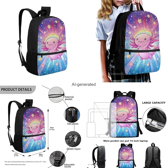 Galaxy Axolotl Backpack for Girls Kids Backpack with Lunch Box Water Bottle Holder and Cute Pencil Case 4PCS Bookbag with Front Pocket for School 17 inch Lightweight Elementary School Bag - Image 3