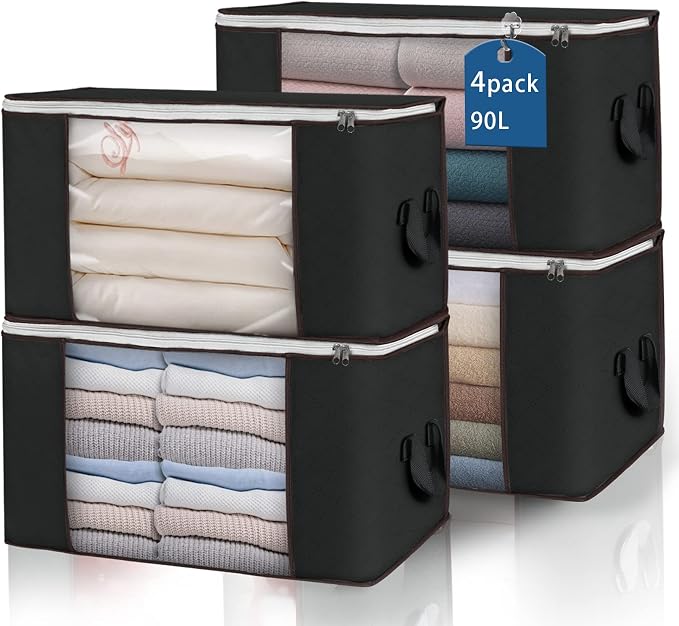 Large Storage Bags, 4 Pack Clothes Storage Bins Foldable Closet Organizers Storage Containers with Durable Handles Thick Fabric for Blanket Comforter Clothing Bedding 90 L (Black) | Foldable Storage Containers, with Reinforced Handle, for Clothing, Bla... by BuddingJoy-BuildaJoyfulLifeforYou