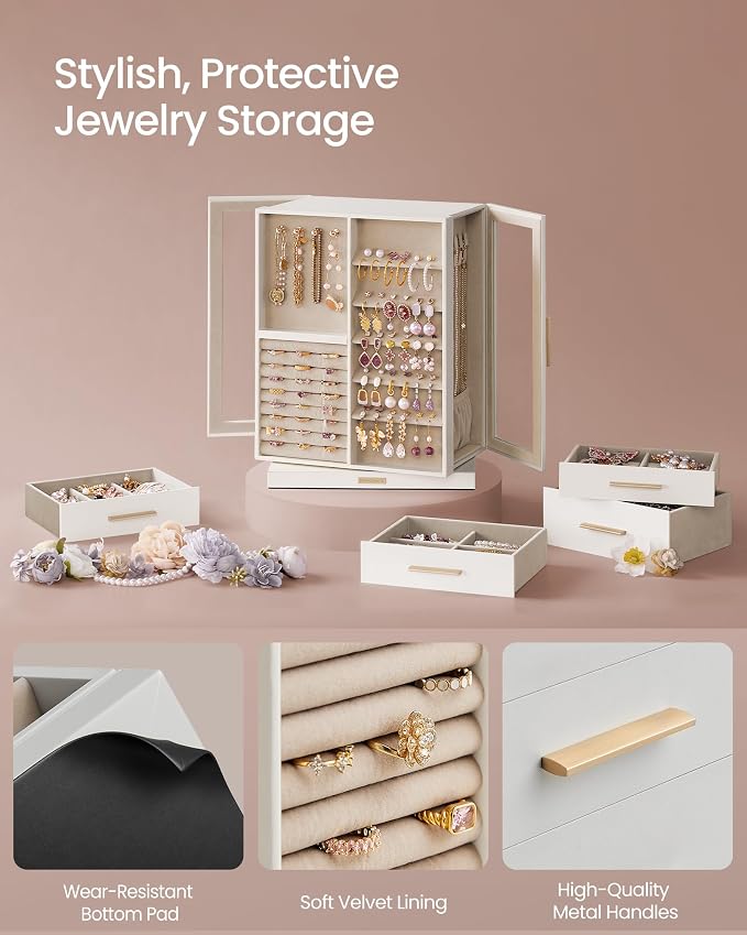 SONGMICS GISELLA Collection - Jewelry Box 360° Rotating, Jewelry Storage Case with 7 Drawers, Jewelry Organizer, Glass Window, Open Design, Great Gift, Light Warm White and Light Camel UJBC201W01 - Image 5