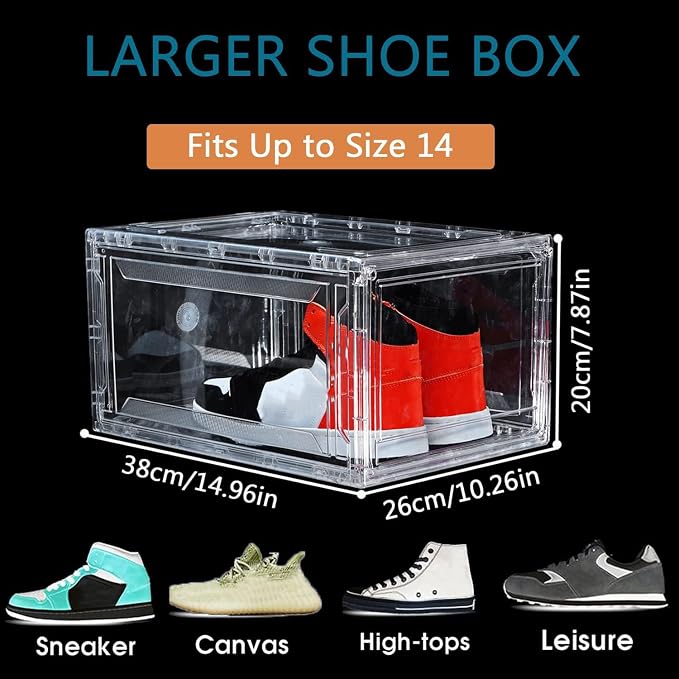 12 Pack Shoe Boxes, Rigid Clear Acrylic Panels Sneaker Display Cases | Magnetic Stackable Drop Front Shoe Storage Container Fits Men’s Size 15 - Image 3