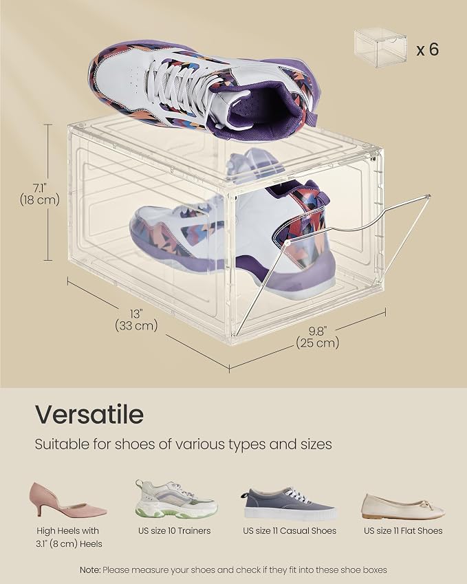 SONGMICS Shoe Boxes, Set of 6, Clear Plastic Shoe Storage, Stackable Sneaker Box, Drop Front Door, Up to US Size 11, Easy Assembly, 13 x 9.8 x 7.1 Inches, Transparent White ULSP032W06 - Image 6