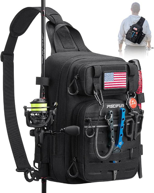 Piscifun Fishing Backpack Tackle Bag with 2 Rod Holders, Multi-Compartment Storage, MOLLE System, Water-Resistant Lightweight Outdoor Pack by Piscifun