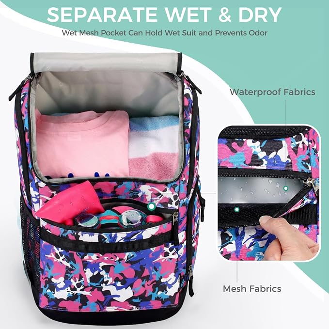 Choco Mocha Swim Bag for Kids Swim Bag for Swimmers, 35L Waterproof Girls Swims Backpack with Wet Dry Compartments, Organized Pool & Beach Bags, Camo Pink - Image 3