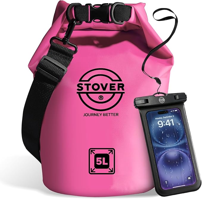 STOVER 5/10/25/30/40L Waterproof Dry Bag, Small Lightweight Roll Top Dry Bag Backpack w/Waterproof Phone Case, Kayaking, Travel, Hiking, Fishing, Tubing, Camping, the Beach, Men/Women (Pink) by STOVER