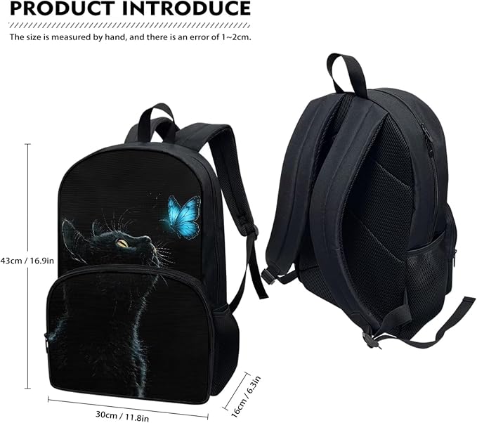Black Cat Blue Butterfly Girls School Backpack Bookbag for Kids Student Backpack Schoolbag Daypack Insulated Lunch Tote Bag Water Bottle Pen Pouch Pencil Case School Book Bag for Girls Teens - Image 2