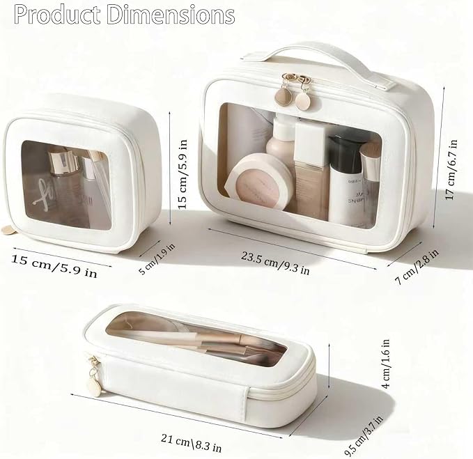 2 Complete Sets of 3-Size Makeup Bags | Premium Transparent & Waterproof Cosmetic Organizer Storage Bag | Travel Toiletry & Skincare Storage Set (White, L+M+S) - Image 3