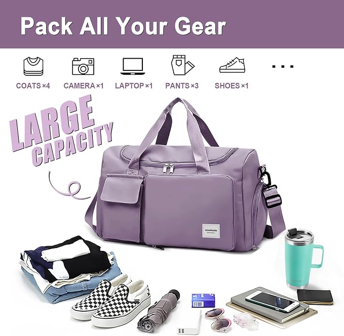 WOOMADA Foldable Travel Duffel Bag with Shoes Compartment, Overnight Bag with Wet Pocket & Trolley Sleeve, Weekender Bags for Women(A-grayish purple) - Image 3