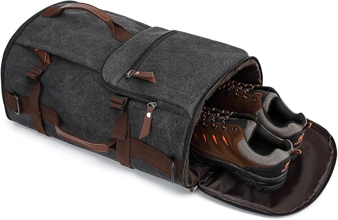 Kalesi Gym Duffle Bag Backpack 4-Way Vintage canvas with Shoes Compartment for travel Sport Hiking laptop (Vintage black) - Image 7