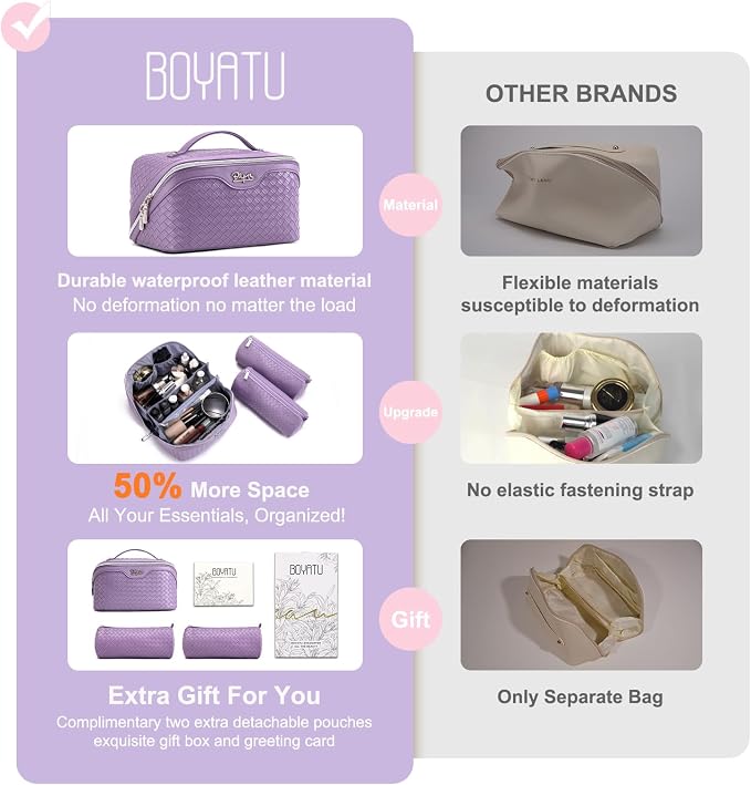 BOYATU Travel Makeup Bag Cosmetic Bags for Women: Large Capacity 3 Pcs Set Make up Bag with Compartments - Waterproof Vegan Leather Toiletry Organizer Bags with Handle (L01 Purple) - Image 3