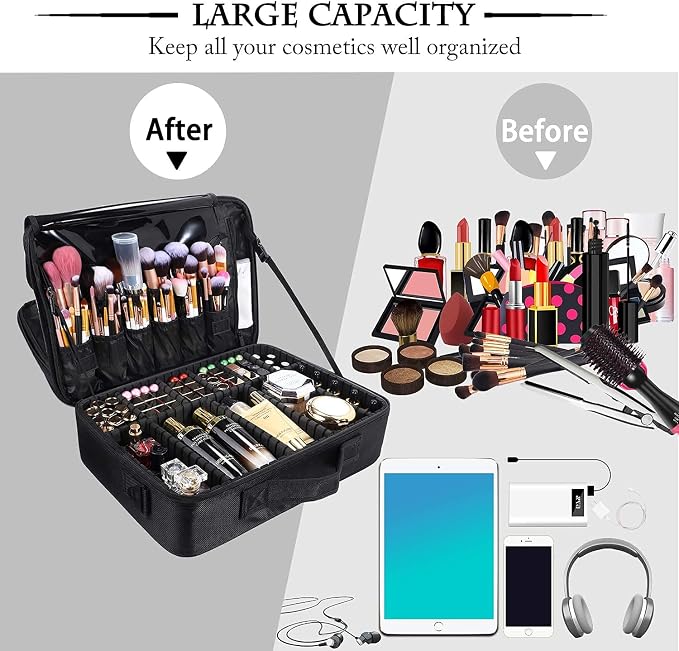 Travel Makeup Train Case,Large Capacity Cosmetic Bags for Women,Portable Makeup Bag Organizer with Adjustable Dividers & Shoulder Strap (Black, L) - Image 6