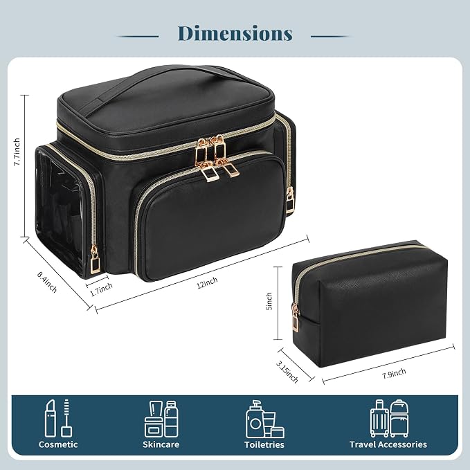 Makeup Bag Set, Portable Travel Makeup Bag Organizer for Women Cute Cosmetic Pouch Large Capacity with Makeup Brush Compartment, Cosmetic Travel Bag with Divider and Handle Toiletry Bag - Black - Image 2