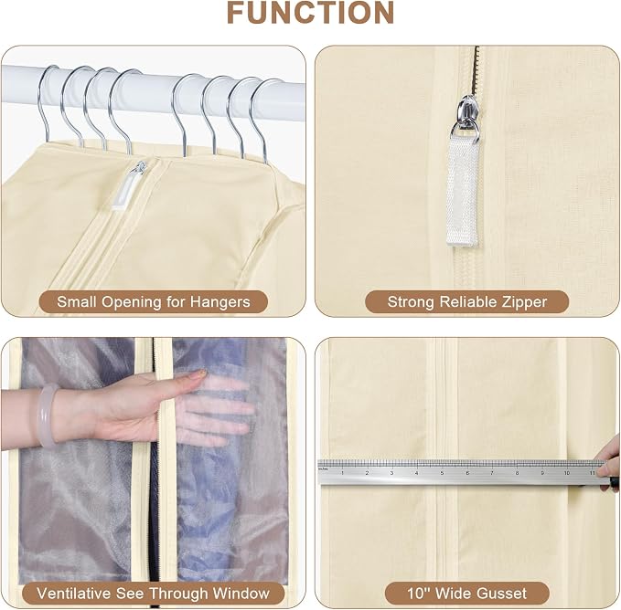 43" Premium Cotton Garment Bag for Hanging Clothes, Breathable Suit Bags for Closet Storage with Extre Large 10" Gusseted & Clear Window, Dust Cover with Zipper for Suits, 3 Pack, Beige - Image 3