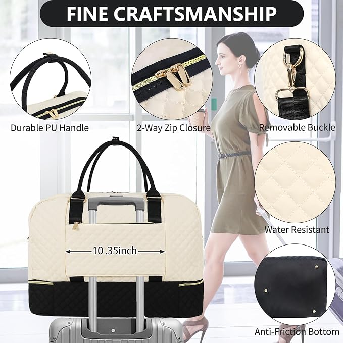 Wogarl 3PCS Weekender Bags for Women Large Overnight Bag Weekend Travel Duffel Bag Carry on Shoulder with Shoe Compartment Canvas Toiletry Bag for Travel Business Gym,Black Beige Brown - Image 3