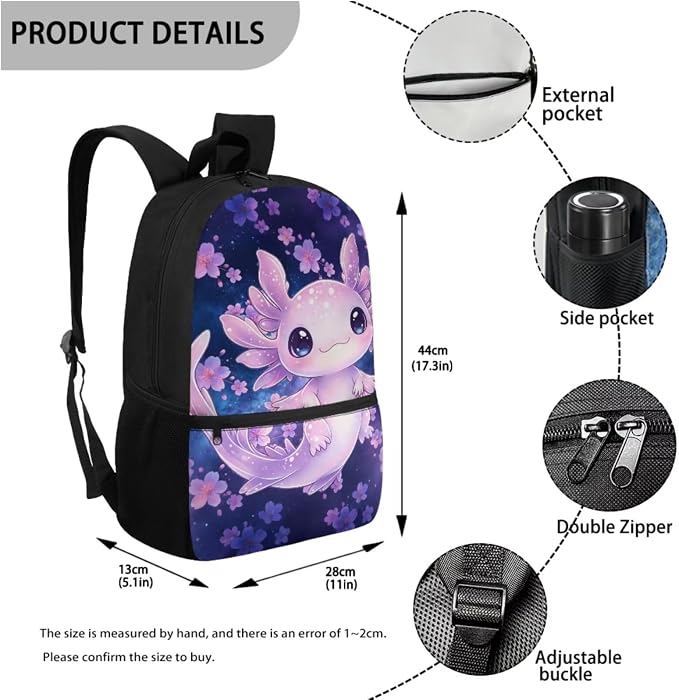 Axolotl 17'' Kids School Backpack, 4-in-1 Set with Insulated Leak-Proof Lunch Bag, Large Pencil Case & Water Bottle Holder, Lightweight Water-Resistant Bookbag for Girls Age 6-12 - Image 3