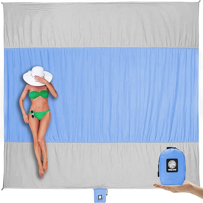 WEKAPO Beach Blanket Sandproof Waterproof, Extra Large Beach Mat, Oversized & Compact Sand Free, Quick Drying Beach Essentials for Vacation, Cruise, Picnic & Camping with Stakes by Wekapo