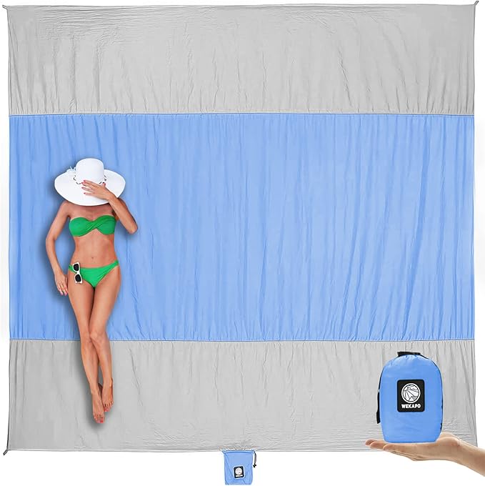 WEKAPO Beach Blanket Sandproof Waterproof, Extra Large Beach Mat, Oversized & Compact Sand Free, Quick Drying Beach Essentials for Vacation, Cruise, Picnic & Camping with Stakes by Wekapo