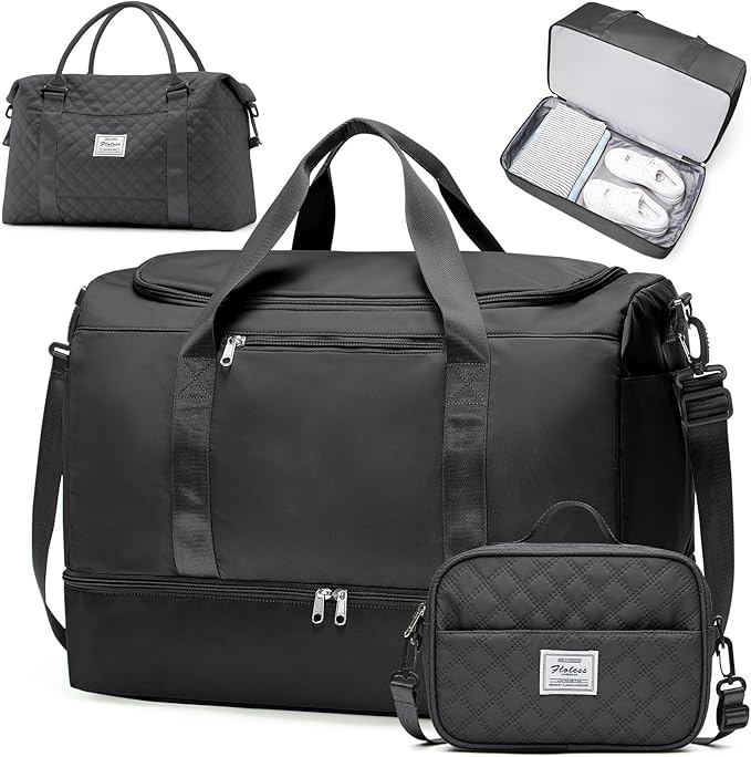 Extra Large Travel Duffle Bag,Carry on Overnight Bag with Shoes Compartment,Weekender Bags for Women for Travel Business Trips Sport Hospital,3 Pcs Set,Black by SYCNB