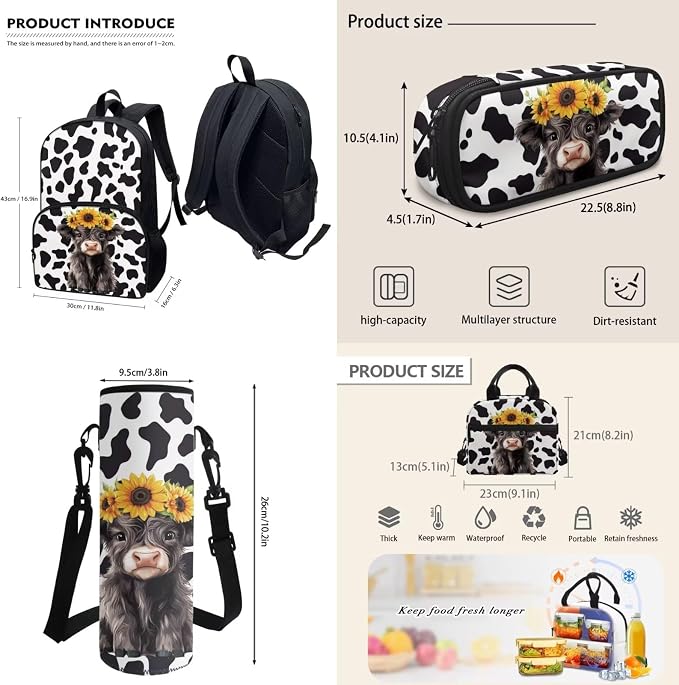 4PCS Black Highland Cattle Sunflower Cow Print School Backpack Set Travel Bookbags Purses Lunch Box Stationery Pouch Bag Holder Protective Water Bottle Cup Cover for Back to School - Image 3