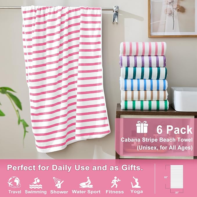 JML Microfiber Bath Towel Set, Cabana Stripe Pink, 30" x 60", 6 Pack | Hanging Loop, Soft, Absorbent & Quick Dry, Lint Free, Fade Resistant, for Summer Swimming Pool Party, Beach Travel - Image 2
